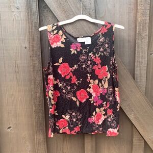Women's Scoop Neck Floral Tank Top Black Red Pink Sleeveless Stretch Large 12/14